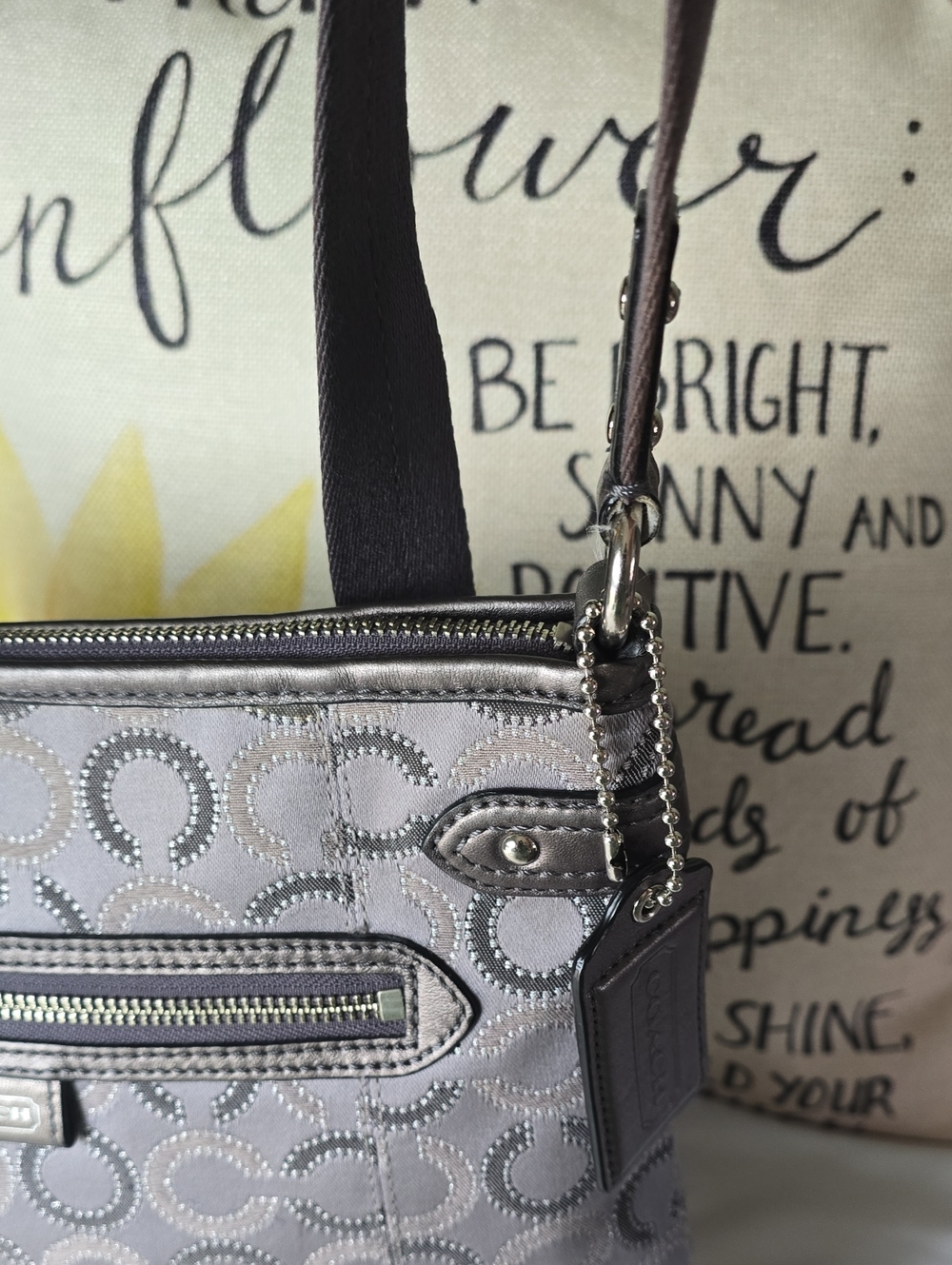 Coach Metallic Gray Signature Crossbody Bag with Tone-On-Tone 'C' Pattern GUC - Picture 15 of 16